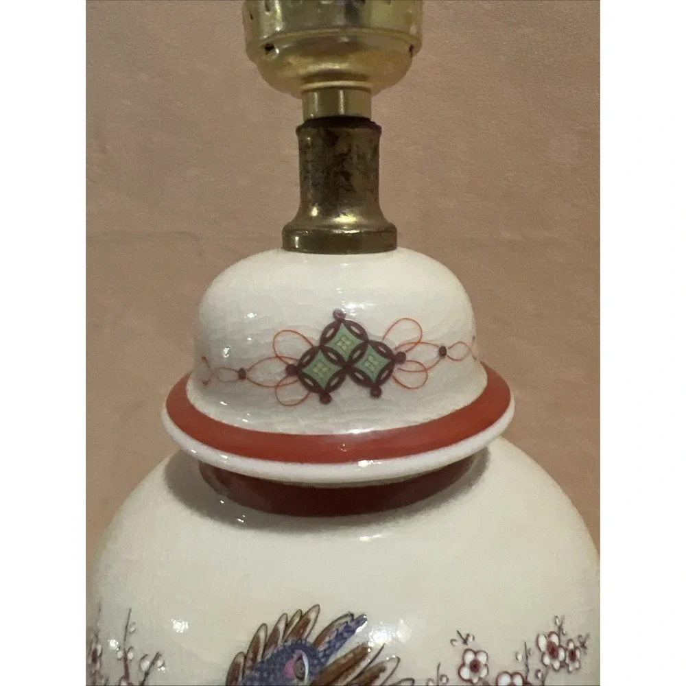 Vintage Chinese Hand painted Ceramic Lamp Peacock Wooden Base Oriental Lamp Work